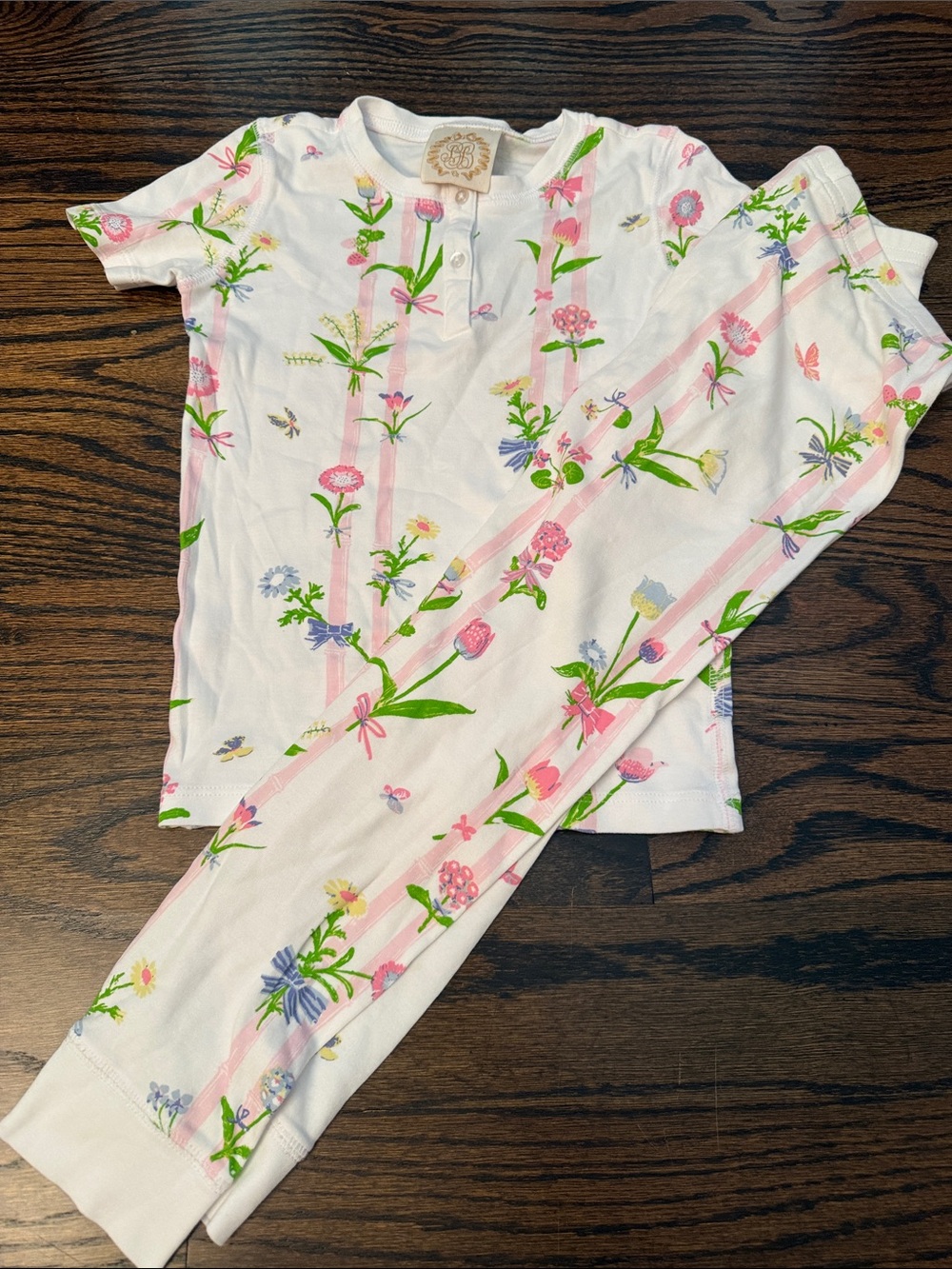 The Beaufort Bonnet Company White Pajama Set with Pink & Green Floral Stripe